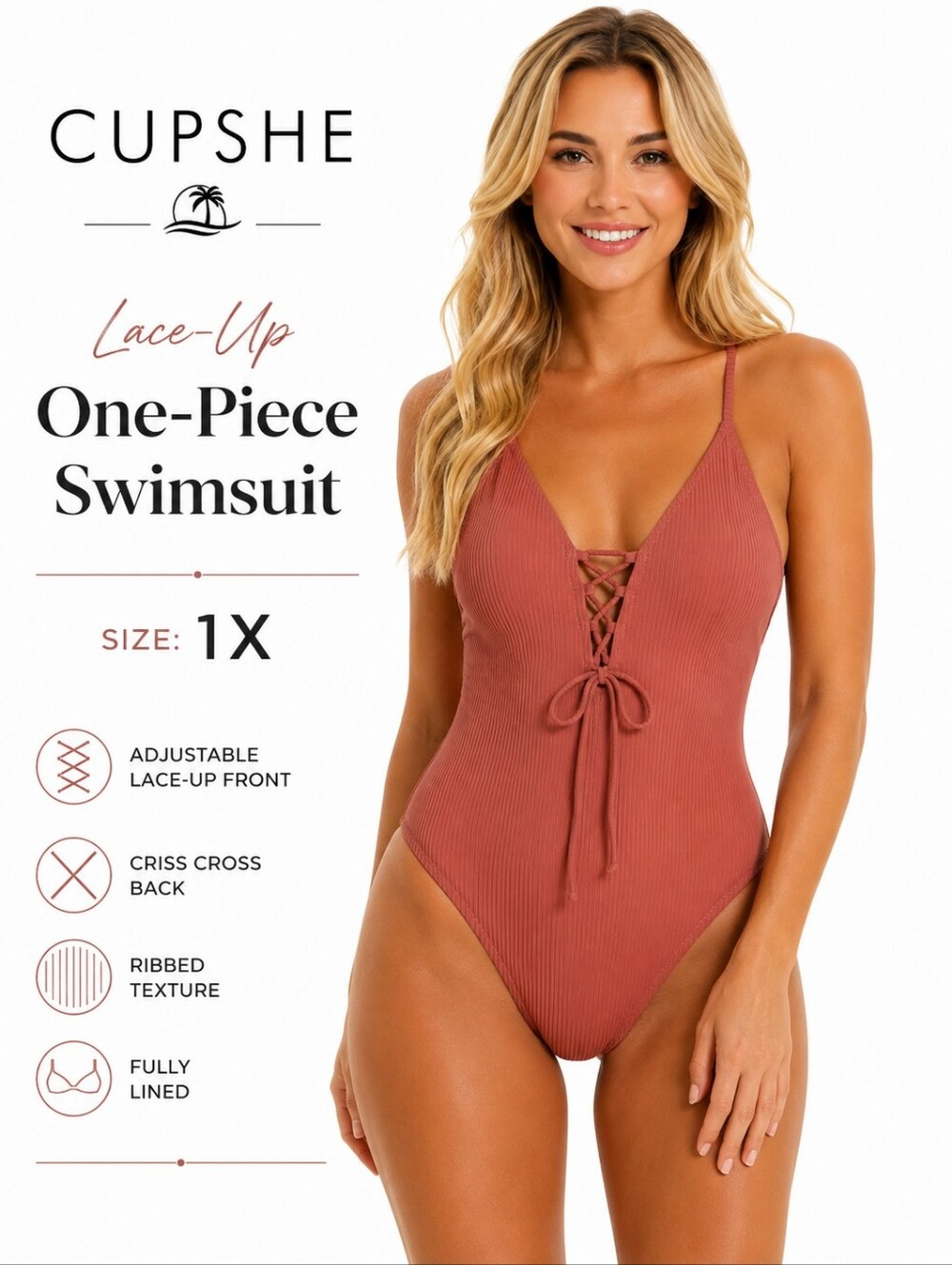 CUPSHE Ribbed Lace-Up One-Piece Swimsuit Size XL